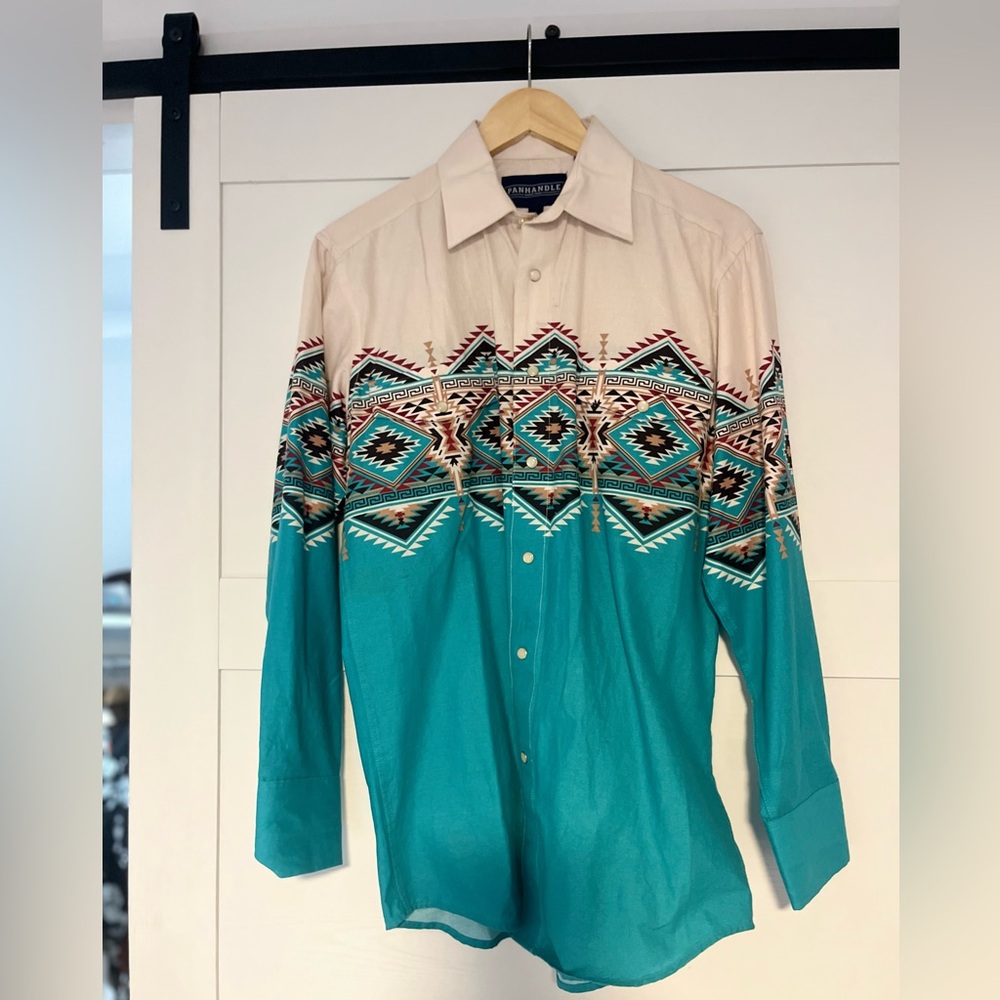 Panhandle Slim Teal and Cream Western Aztec Button-Down Shirt